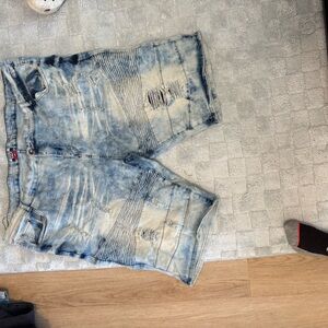Men's Light Blue Acid-Wash Distressed Denim Shorts